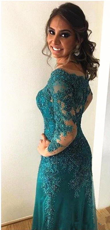 Turquoise Mother of the Bride Dress Long Sleeve Off Shoulder Beadings Lace Mermaid Wedding Guest Dress Party Gowns Special Occasion