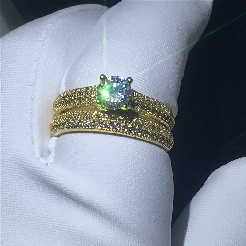 Classic Lady Genuine 925 Sterling silver ring Gold color 5A Cz Stone Engagement wedding band ring for women Bridal sets