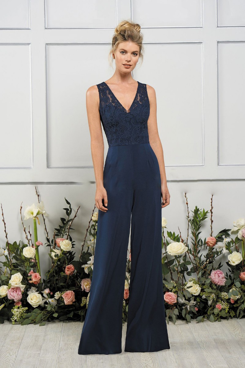 2018 Jasmine Jumpsuits Bridesmaids Dresses V Neck Dark Navy Maid of Honor Gowns Beach Cheap Wedding Guest Party Dress Vestidos De Novia