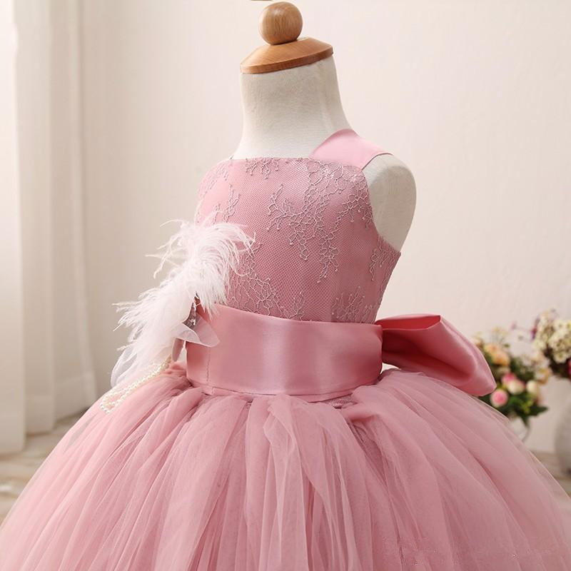 little girls ball gowns flower girls dresses with straps feather corset back pink tulle cheap wedding gowns lace ruched
