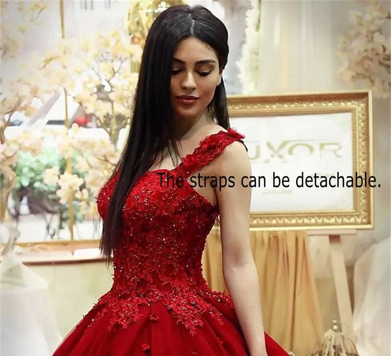 Fascinating Arabic Dubai Wedding Gown Beaded Lace Applique Hand Made Flowers Bridal Dress Glamorous Red Tulle Chapel Train Wedding Dresses