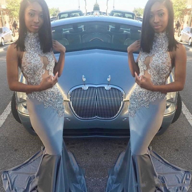 Silver Mermaid Prom Dress Sexy High Neck Lace Applqiues Sequins Beaded Long Evening Gowns Black Girls Party Wear Red Carpet Dress Plus Size