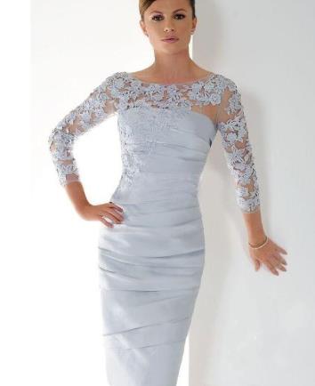 Silver Short Lace MOTHER of the Bride Dresses Scoop Neckline Applique Pleats Knee Length 34 Long Sleeve Sheath Formal Party Gowns7
