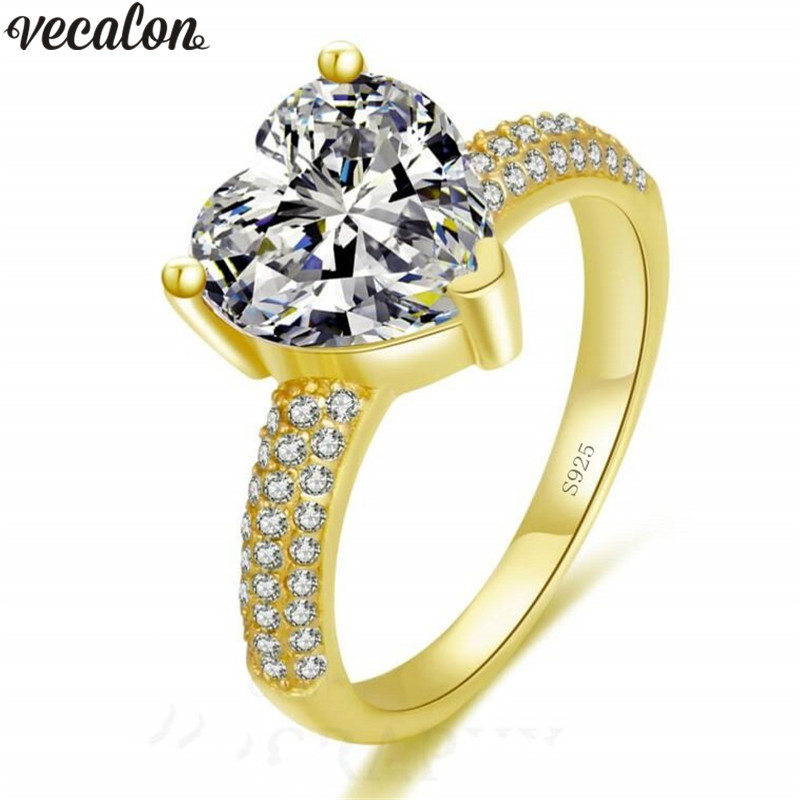 Vecalon Fashion 3 colors Heart Shape ring 5A Cz Yellow Gold Filled 925 silver Engagement wedding Band rings for women Jewelry
