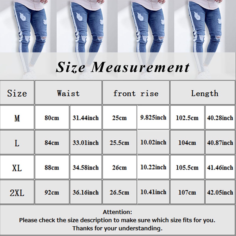 Men's Jeans Knee Hole Side Zipper Slim Distressed Men Ripped Tore Up For Stripe Pants B4