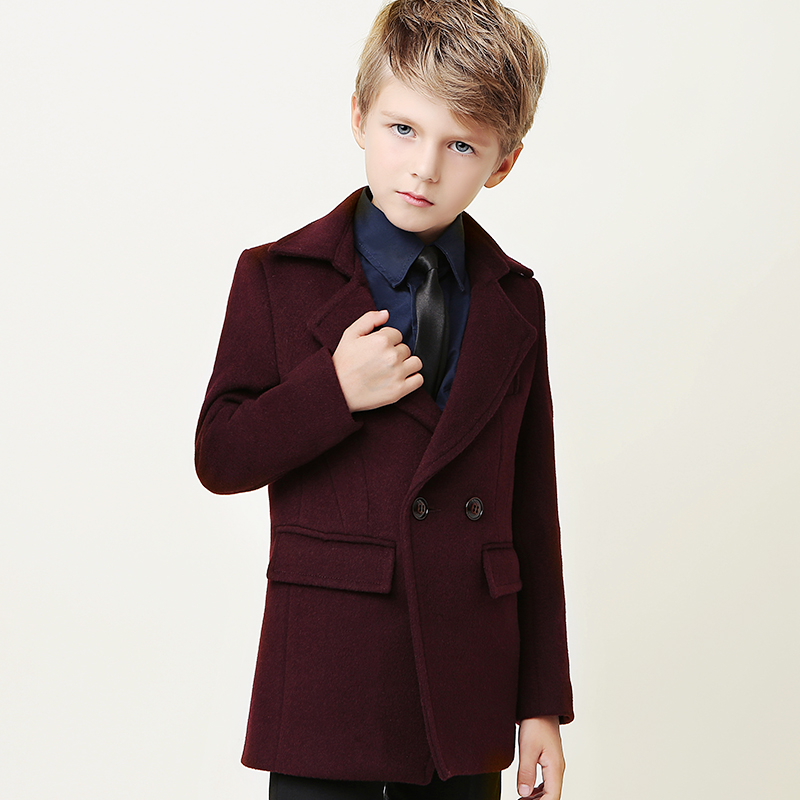 Notched Lapel Double Breasted Warm Kids Wear Windproof Child Coats Color Dark Red And Navy Thicken Winter Kids Formal Clothes For Sale