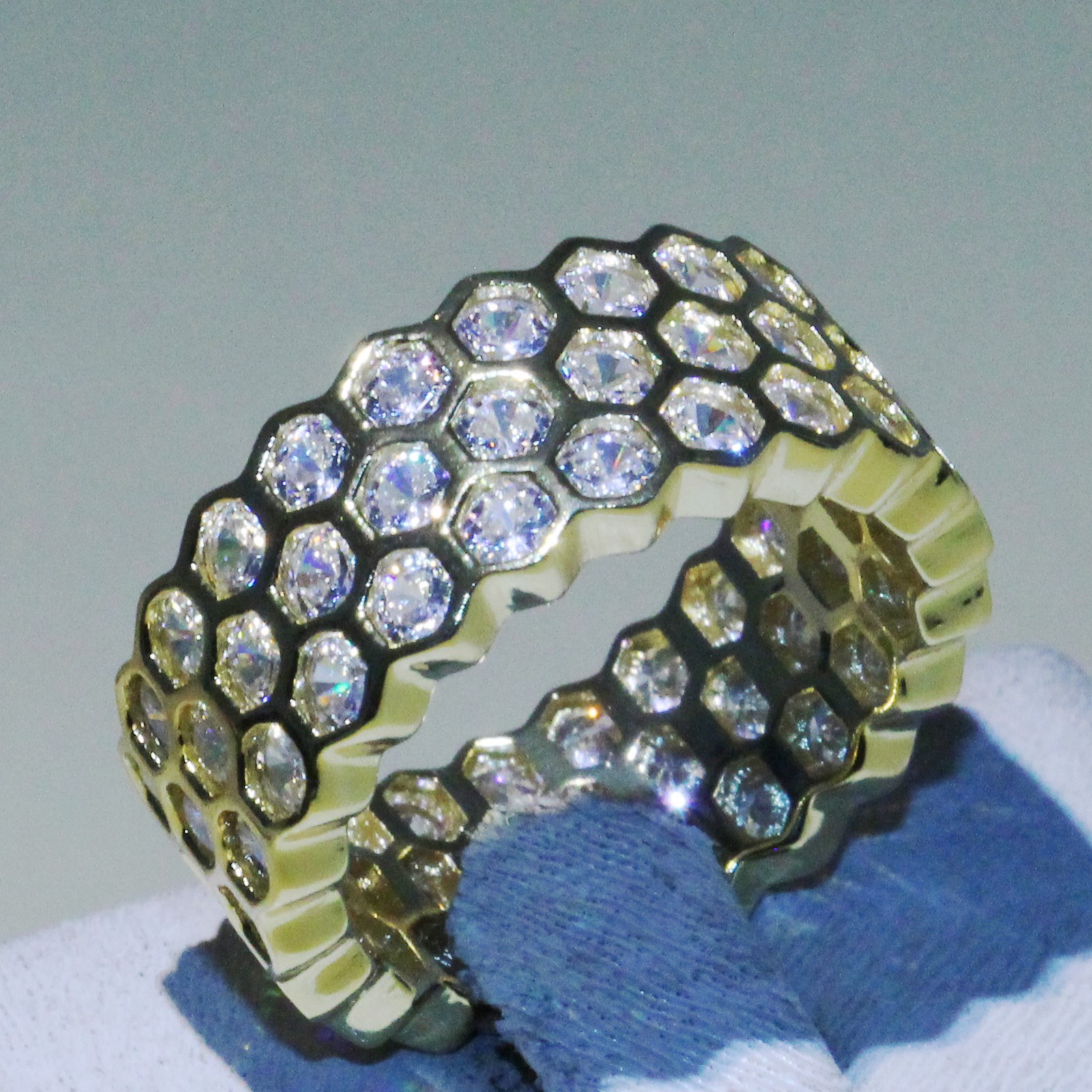 Hexagon Geometric rings 925 Silver&Gold Fill Luxury Jewelry Net White Topaz CZ Diamond Eternity Circle Wedding Band Ring for Women Gift