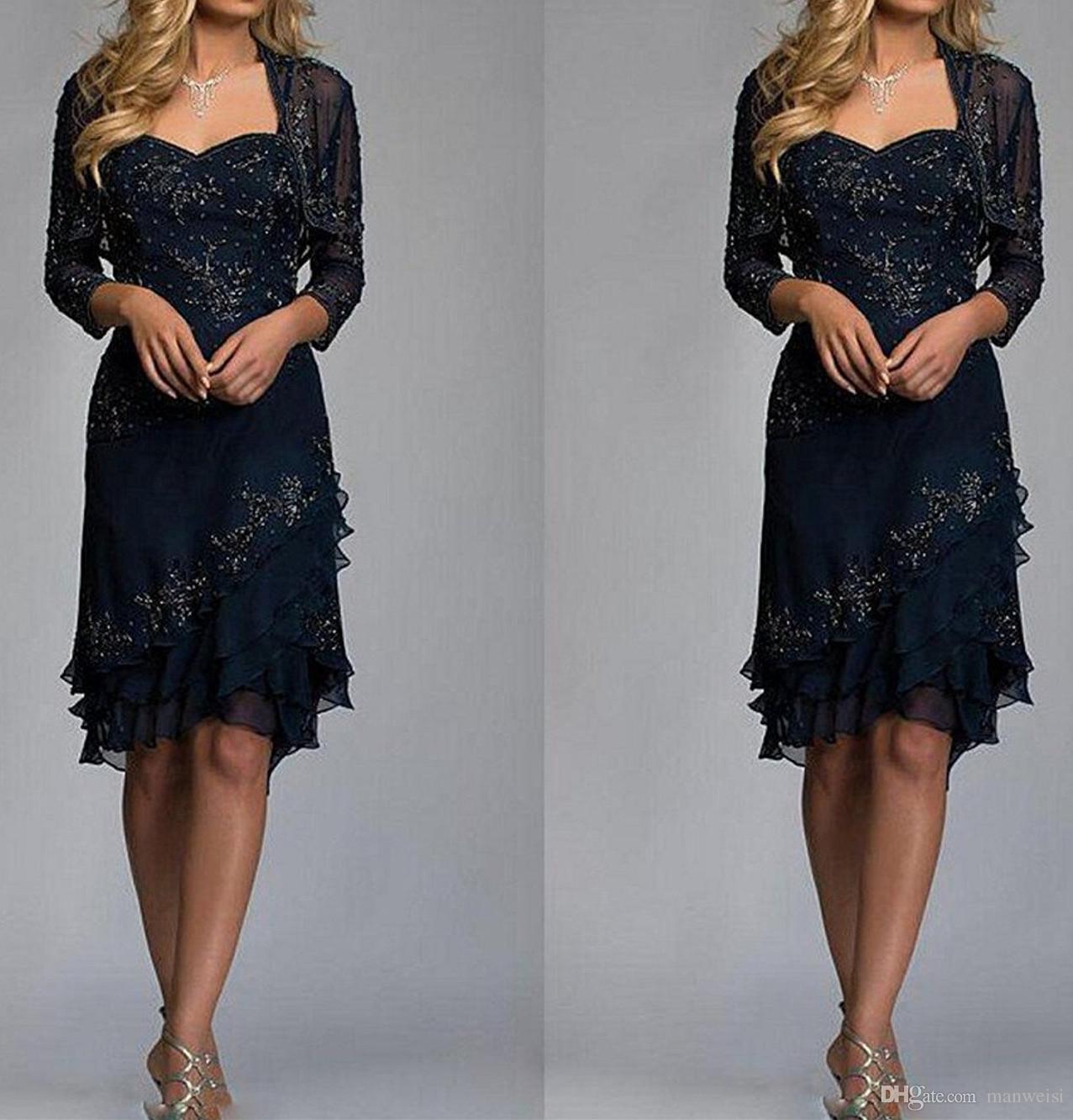 Dark Navy Mother Of The Bride Dresses With Jacket Cheap Lace Wedding Guest Dress Knee Length Plus Size Mothers Formal Wear