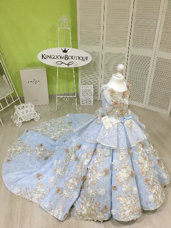 Sweet Sky Blue Flower Girl Dresses Princess Jewel neck Lace Girls Formal Party Gowns A Line 3D Appliqued Birthday Dress Pageant Gowns