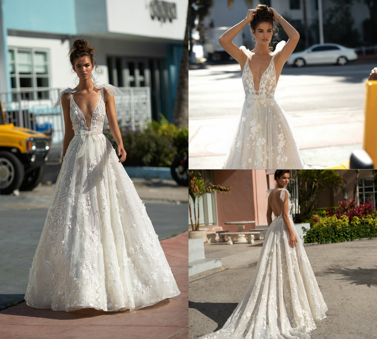 2019 A Line Berta Wedding Dresses Deep V Neck Sexy Backless 3D Floral Appliques Beading Beach Wedding Dress Gorgeous Plus Size Bridal Gowns
