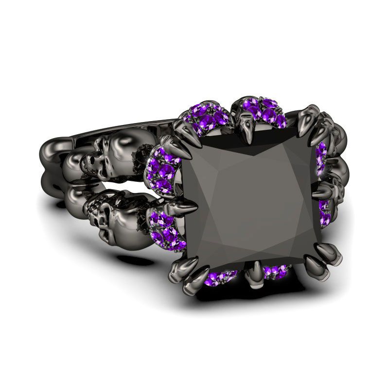 Victoria Wieck Brand New Punk Fashion Jewelry 10KT Black Gold Filled Princess Cut Amethyst CZ Diamond Women Wedding Skull Band Ring Gift