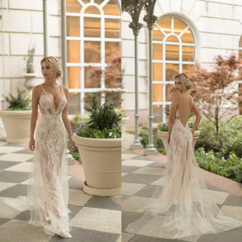 Naama & Anat 2019 Mermaid Wedding Dresses With Detachable Train Illusion Lace Appliqued Boho Bridal Gowns Backless vestido de novia