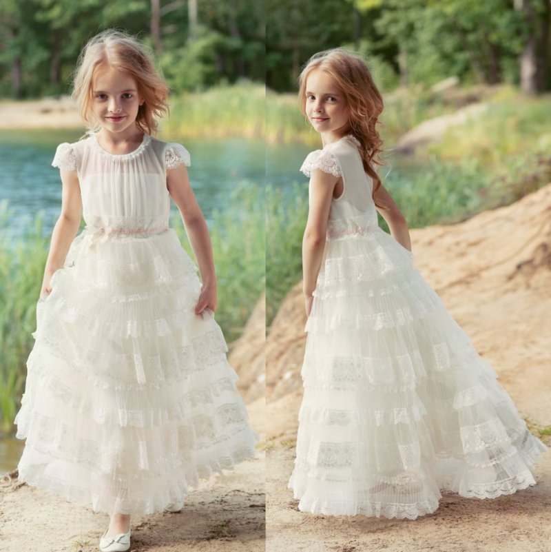 Fashion Bohemia Lace wer Girl Dresses For Wedding With Short Sleeves Tiered Toddler Pageant Gowns Tulle Kids Communion Dress