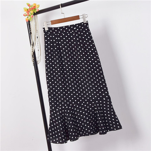 Plus Size Vintage Black White Polka Dot Ruffle Hem Fishtail Skirt Women Summer Mid Waist Casual Office Lady Streetwear Skirts