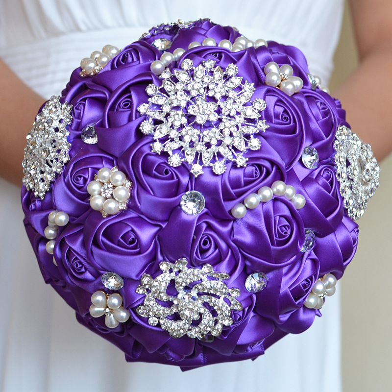 Satin Rose Wedding Bridal Bouquets Handmade Flowers Artificial Rose Crystals Wedding Supplies Bride Holding Flowers Brooch Bouquet CPA1547