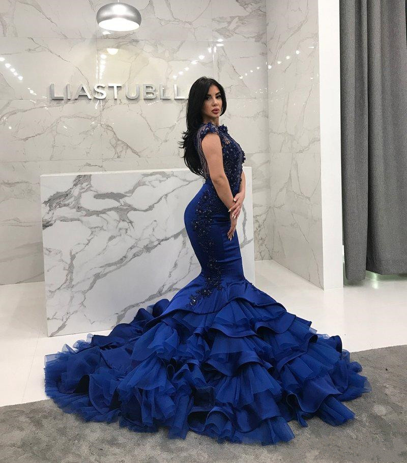 2018 Royal Blue Mermaid Prom Dress Beaded Sheer High Neck Sequined Evening Gowns Vestidos De Fiesta 3D Appliqued Satin Formal Dresses Es Es