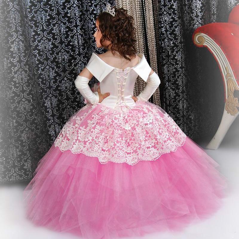 Cute Flower Girl Dresses White and Pink Off The Shoulder Ball Gown Girls Pageant Dress Lace Applqiued Birthday Party Gowns With Gloves