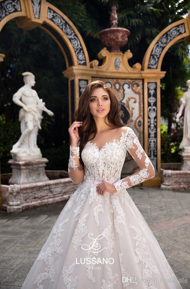 De Novia Vestido Plus Size Lussano Lace Dresses Illusion Button Back Long Sleeves Bridal Gowns A Line Sweep Train Wedding Dress