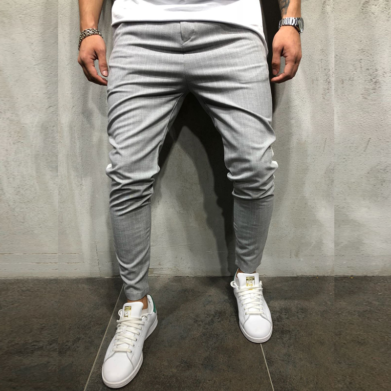 Mens Ankle Pants Streetwear Side Stripes Checkered Trousers Casual Slim Fit Street Fas