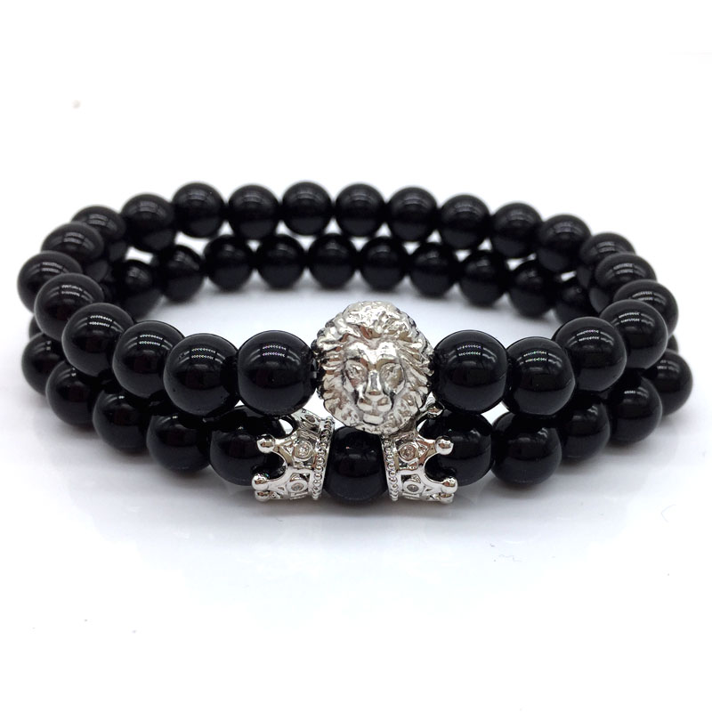 2pcs/set 2018 New Fashion Lion Crown Couple Charm With Lava Bead Bracelet Sets For Men Wristband Jewelry Accessories
