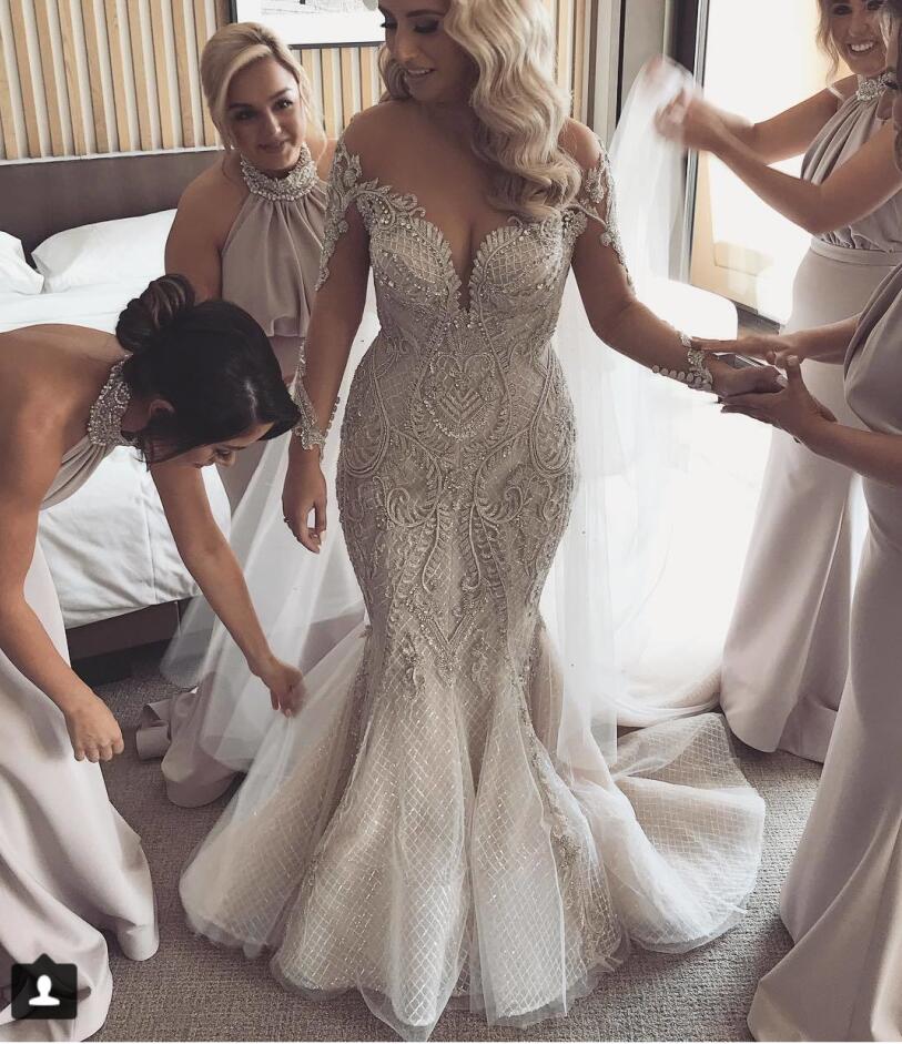 Plus Size Mermaid Wedding Dresses Sheer Jewel Neck Lace Beading Appliques Sweep Train Country Bridal Gowns Long Sleeve Beach Wedding Dress