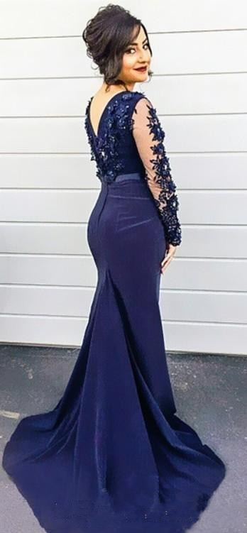Navy Blue Mermaid Evening Dresses Custom Made Illusion Long Sleeves Appliques Beaded Prom Dress Plus Size Party Evening Gowns