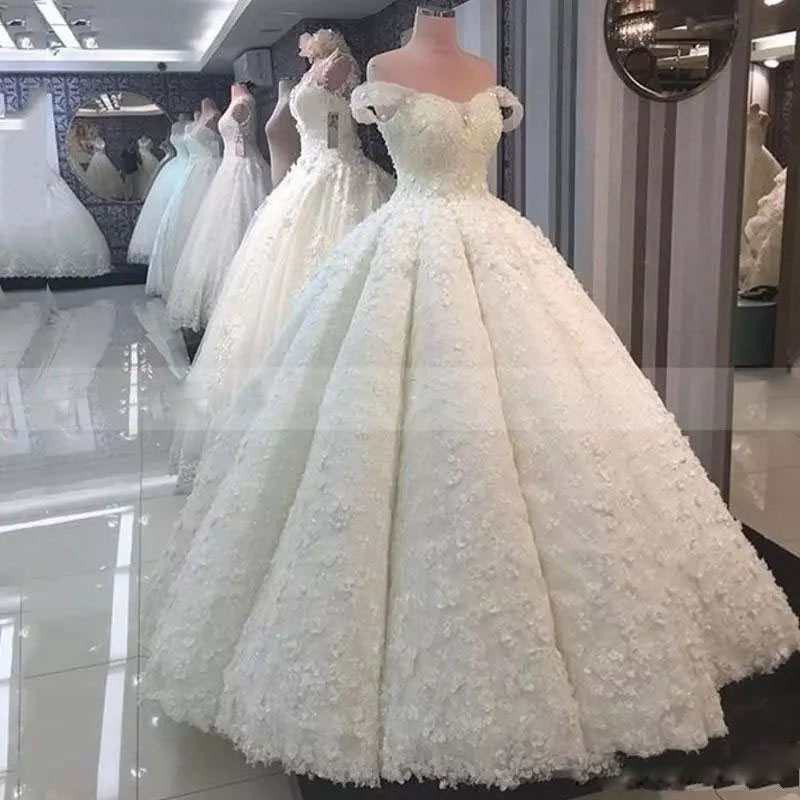 Sweet 3D-Floral Ball Gown Bridal Dress Glamorous Off The Shoulder Full Lace Floor Length Wedding Dresses Middle East Princess Wedding Dress