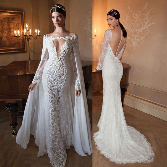 Lace Wedding Dresses with Cloak Sexy Long Sleeves Sheer Button Illusion Back Lace Appliques Sequin Gowns Sweep Train Bateau Neck, White
Lace Wedding Dresses with Cloak Sexy Long Sleeves Sheer Button Illusion Back Lace Appliques Sequin Gowns Sweep Train Bateau Neck, White