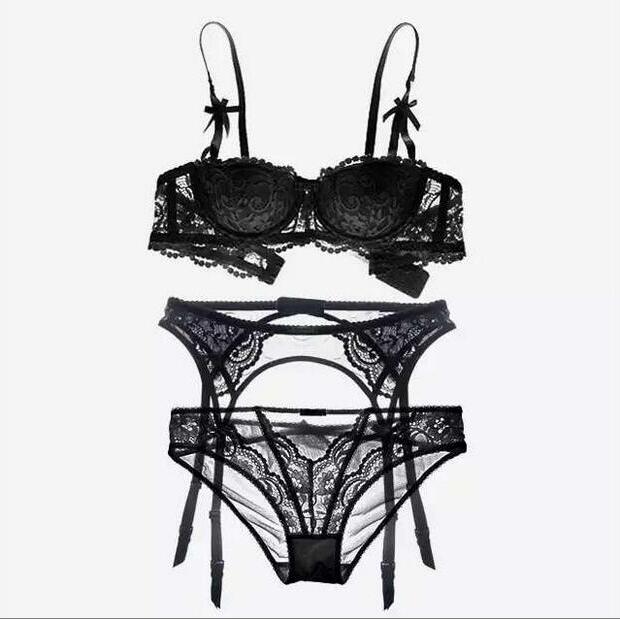 Plus size women sexy bra set intimates embroidery half cup lingerie thin temptation black white bra and panty with Garters Sets
