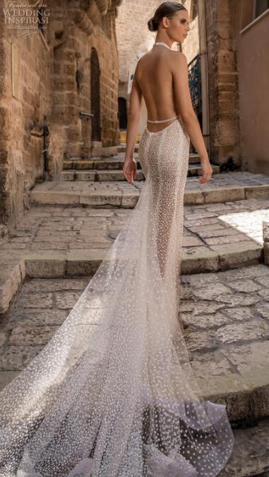 Eden Aharon Mermaid Dresses Halter Dot Lace Bridal Gowns Backless Beach Boho Plus Size See Through Wedding Dress 0505