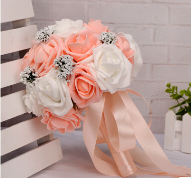 Fresh And Romantic Bride Holding Flowers Rose And Babysbreath Artificial Flowers Pink,Orange,Purple And Red Bridal Bouquets