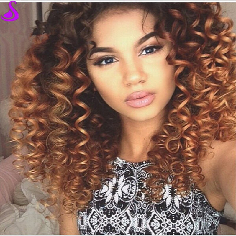 Ombre Brown wig short afro kinky Curly Synthetic Lace Front Wig Glueless Heat Resistant Natural Hair Wigs For black Women 180 Density
