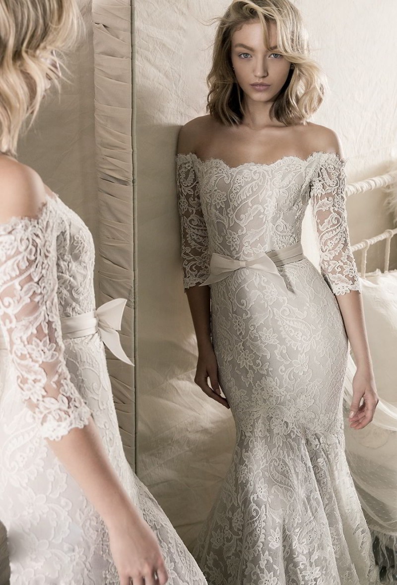 Lihi Hod Off The Shoulder Wedding Dresses 3/4 Long Sleeve Lace Applique Mermaid Wedding Dress Sweep Train Plus Size Beach Bridal Gown