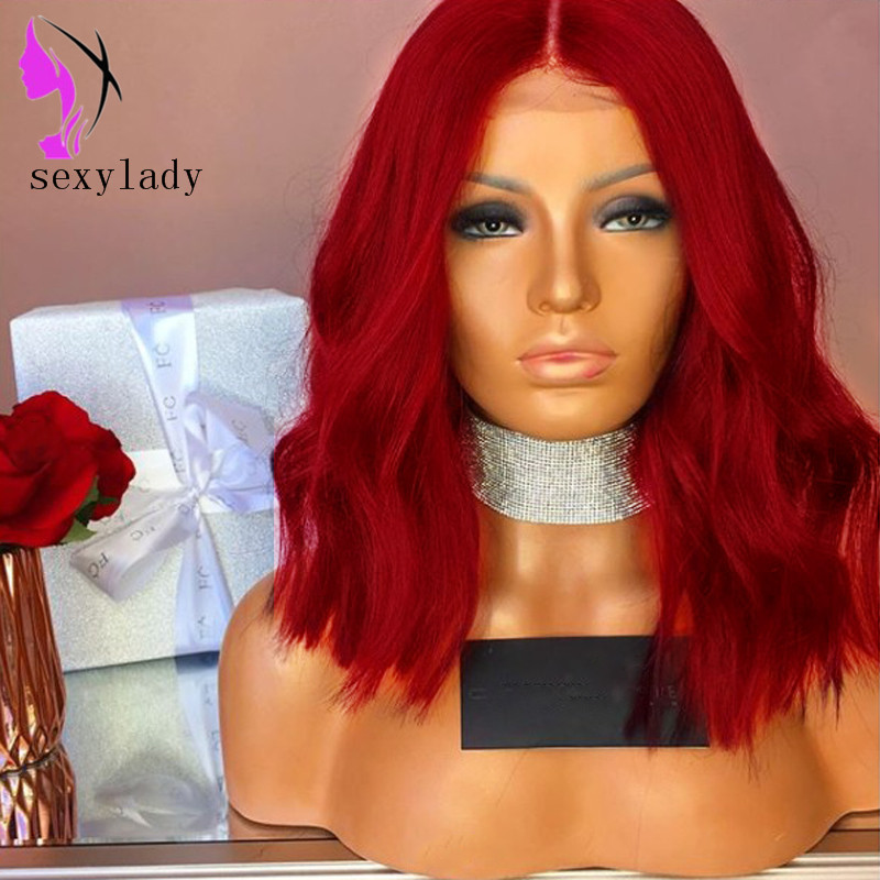 Red Natural Wave short lace front wig synthetic hair Heat Resistant Hand Tied Cosplay Party bob Wigs For Women Masquerade Makeup