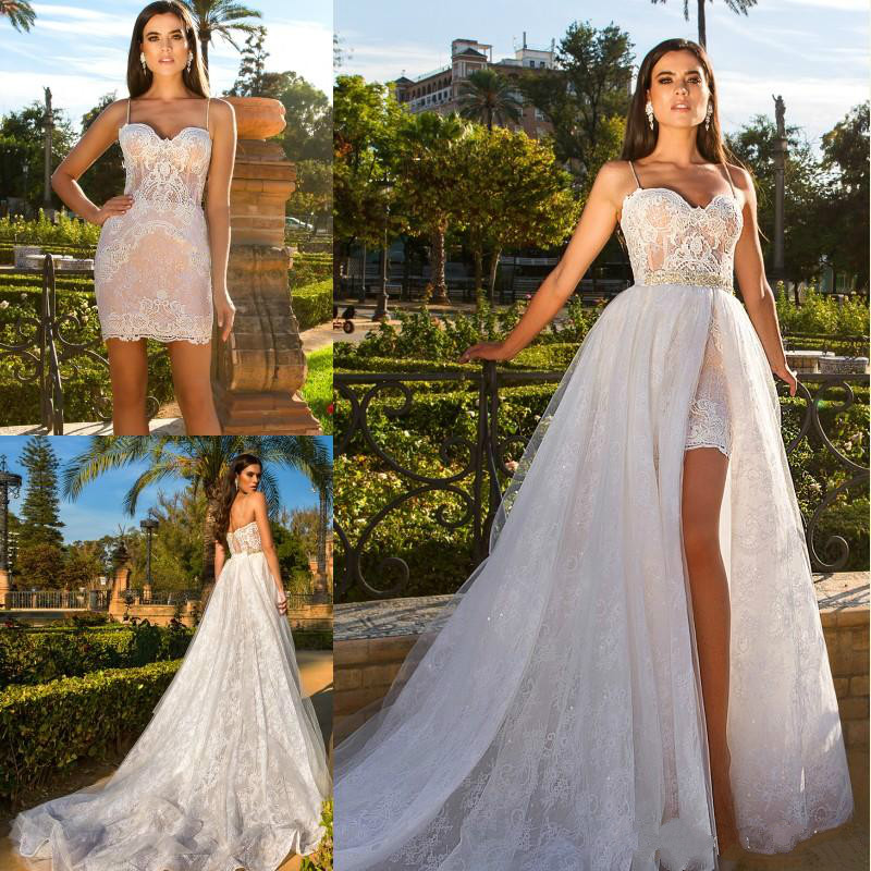 2018 New Sexy Spaghetti Short Sheath Wedding Dresses with Detachable Overskits Split Lace Applique Bridal Gowns Beach Vestidos De Noiva, Ivory
2018 New Sexy Spaghetti Short Sheath Wedding Dresses with Detachable Overskits Split Lace Applique Bridal Gowns Beach Vestidos De Noiva, Ivory