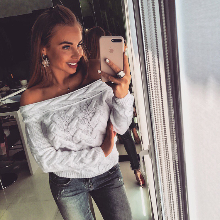 Women knitted long sleeve off shoulder sweater pullover for female women 2018 autumn new sweaters pullovers women autumn C18111601