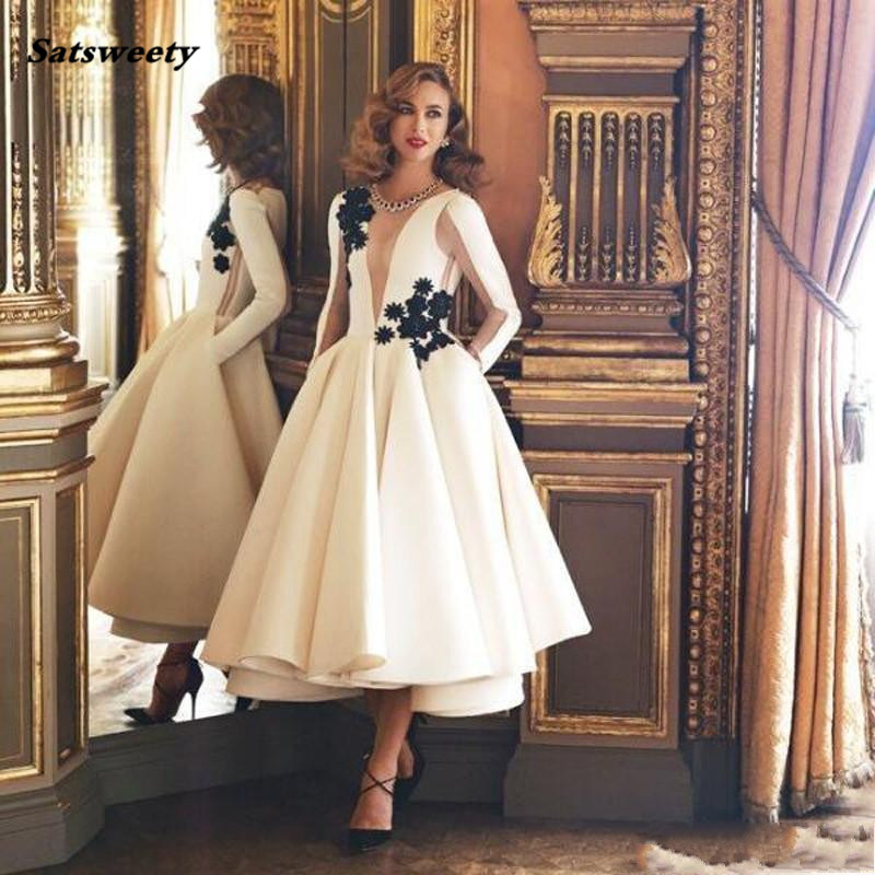 Muslim Evening Dresses Ball Gown V-neck Long Sleeves Tea Length Satin Islamic Dubai Kaftan Saudi Arabic Long Evening Gown, Black
Muslim Evening Dresses Ball Gown V-neck Long Sleeves Tea Length Satin Islamic Dubai Kaftan Saudi Arabic Long Evening Gown, Black