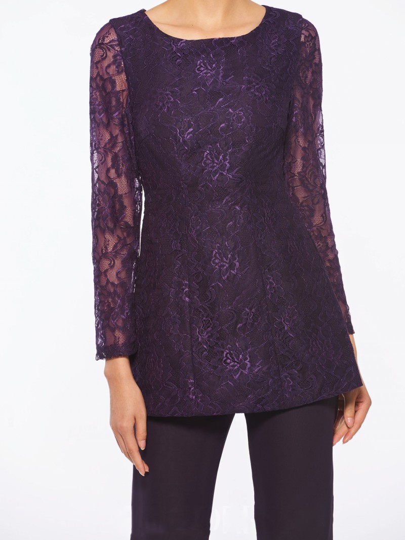 Purple Mother Of The Bride Pant Suits For Weddings Two Pieces Lace Appliqued Long Sleeve Mothers Formal Wear Outfit Cheap Garment