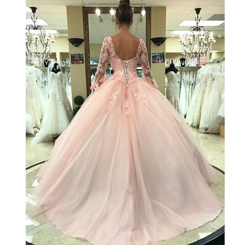 2020 Princess Pink Ball Gown Quinceanera Dresses Trumpet Sleeve Sweep Train Appliques Gowns For Sweet 15 Vestidos De 15Anos