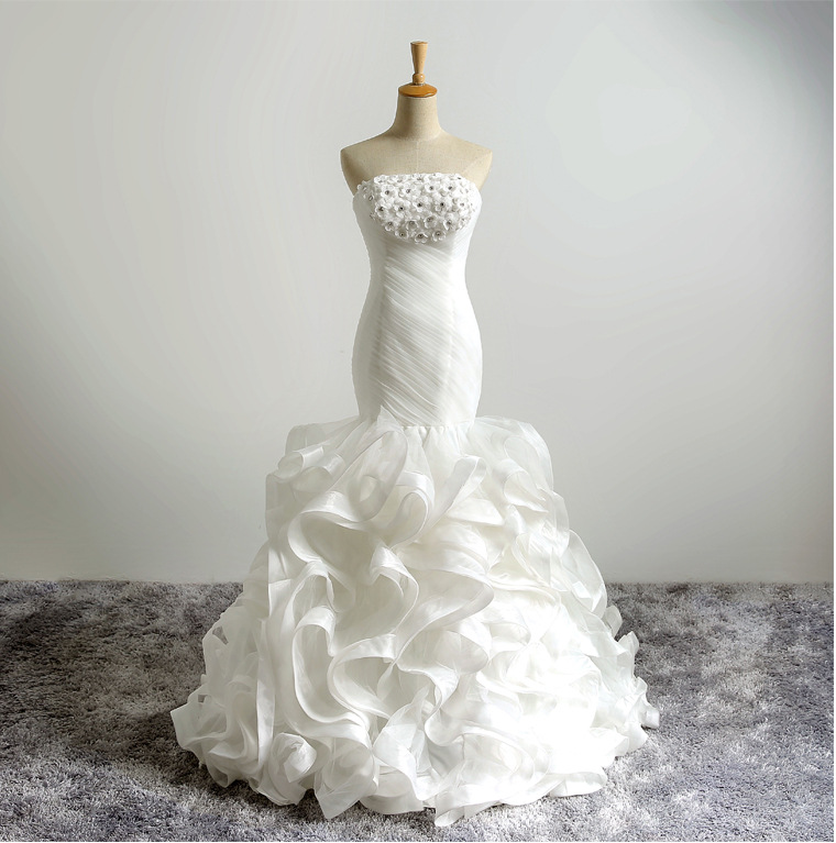 New Strapless Mermaid Organza Wedding Dresses Flowers Pleat Long Bridal Gowns Bride Dress robe de mariage Plus Size vestido de noiva