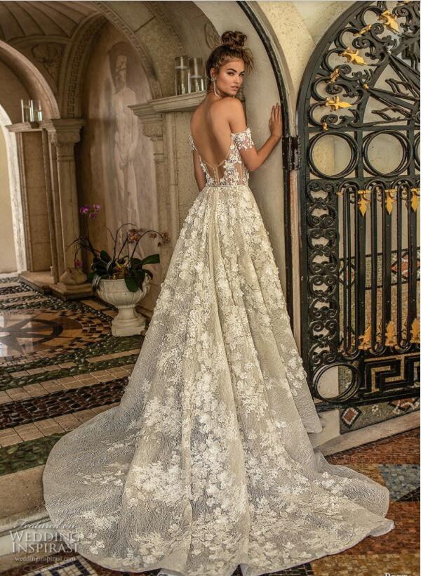 2019 Berta Wedding Dresses A Line Off Shoulder Lace 3D Floral Applique Sweep Train Backless Country Bridal Dress Beaded Boho Wedding Gowns