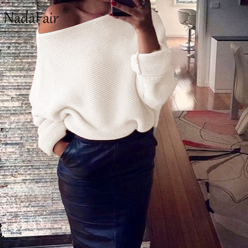 Nadafair sexy off shoulder loose knitted sweater women 2018 autumn winter slim solid casual sweater female knitting jumper tops S18100902