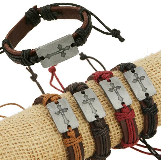 2018 hot sales 100% Genuine Leather Bracelets 15 style selection religious cross Bracelets Men Women Jewelry Charm Leather Bracelet