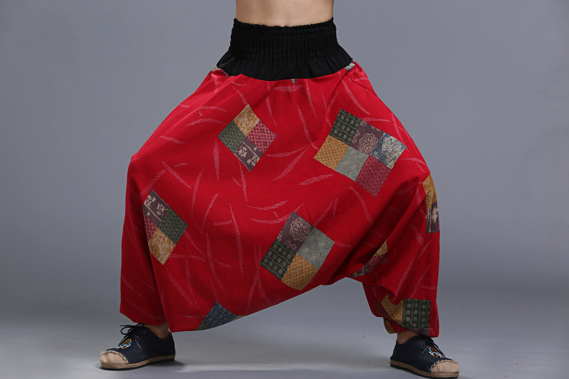 Unisex Casual Big Large crotch Elastic pants India Nepali yoga trousers Chinese Style Men wear black blue Red Vintage Print Harem Pants