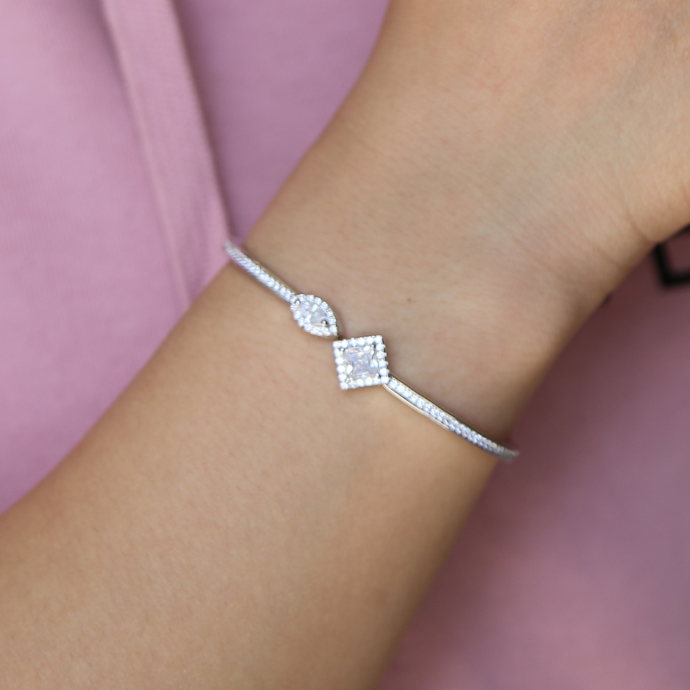 silver rose gold wedding engagement open cuff bangle fashion jewelry bridal gift elegance women ladies gift cz diamond sparking bracelet