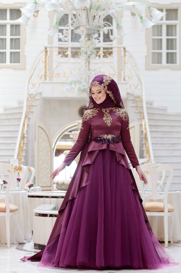 Elegant Plum Muslim Evening Dresses Long Sleeves Satin Prom Dress With Puplum Floor Length Arabic Simple A Line Party Gowns Custom