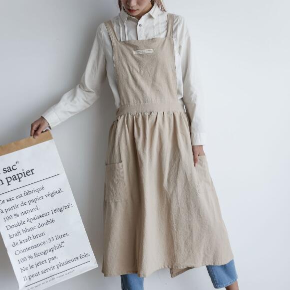 Pleated Skirt Design Apron Simple Washed Cotton Uniform Aprons for Woman Lady's Kitchen Cooking Gardening Coffee Shop