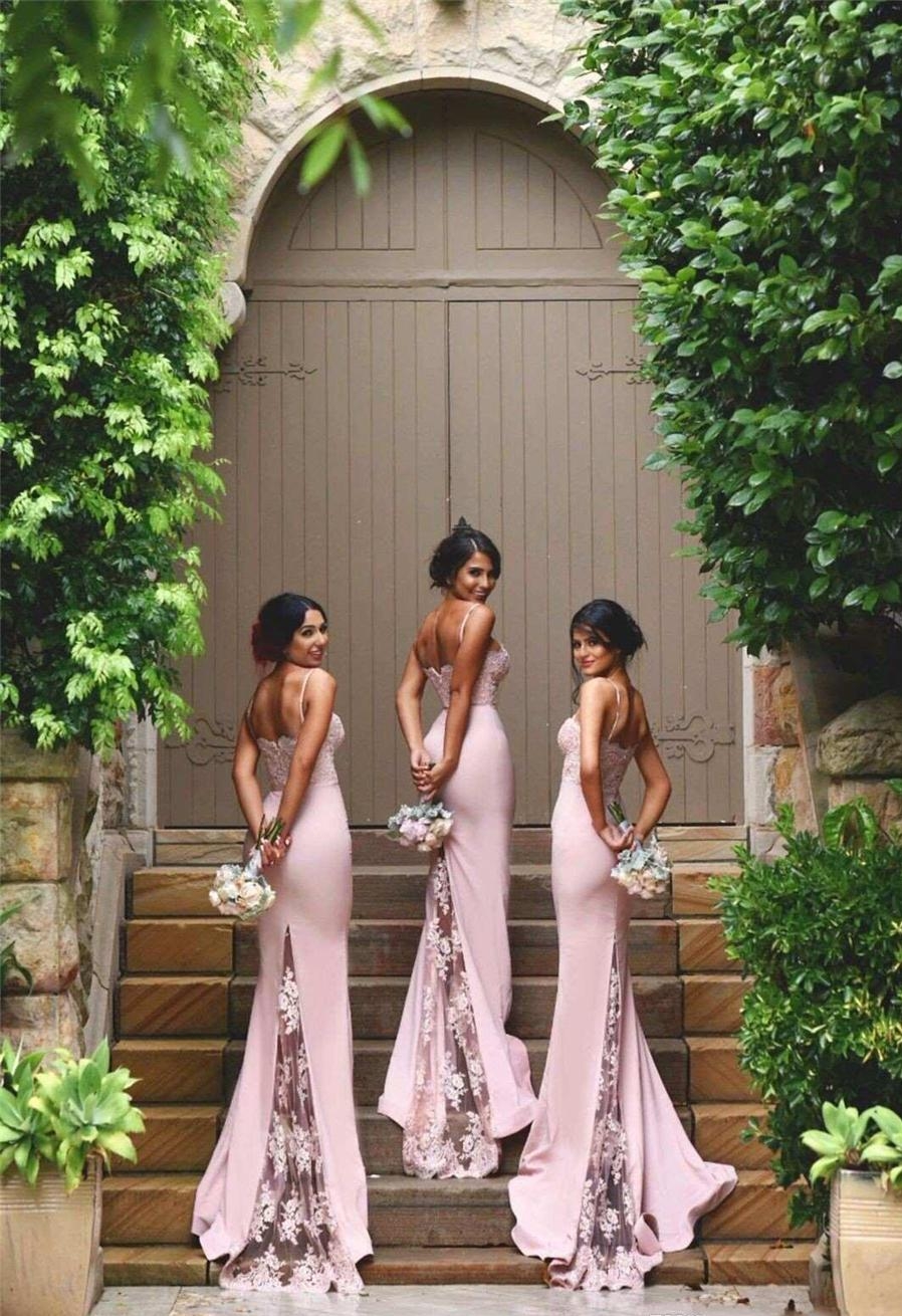 Blush Pink Bridesmaid Dresses Spaghetti Strap Sleeveless Mermaid Lace Junior Country Formal Dresses Long Maid Of Honor Dress HY250