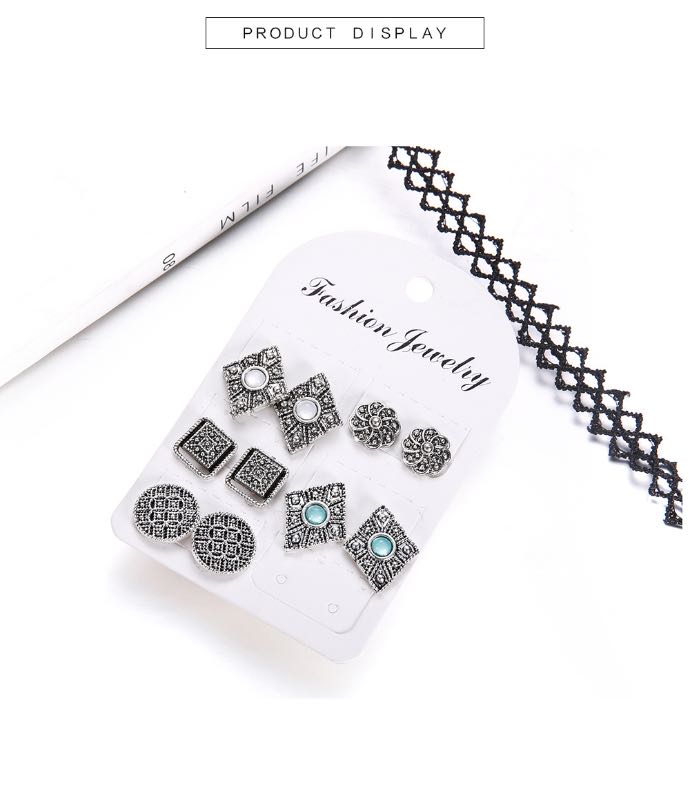 Vintage Tibetan Silver Stud Carving Patterns With White Stone Earring Hollow Out Geometric Shape Earrings Whoelsale