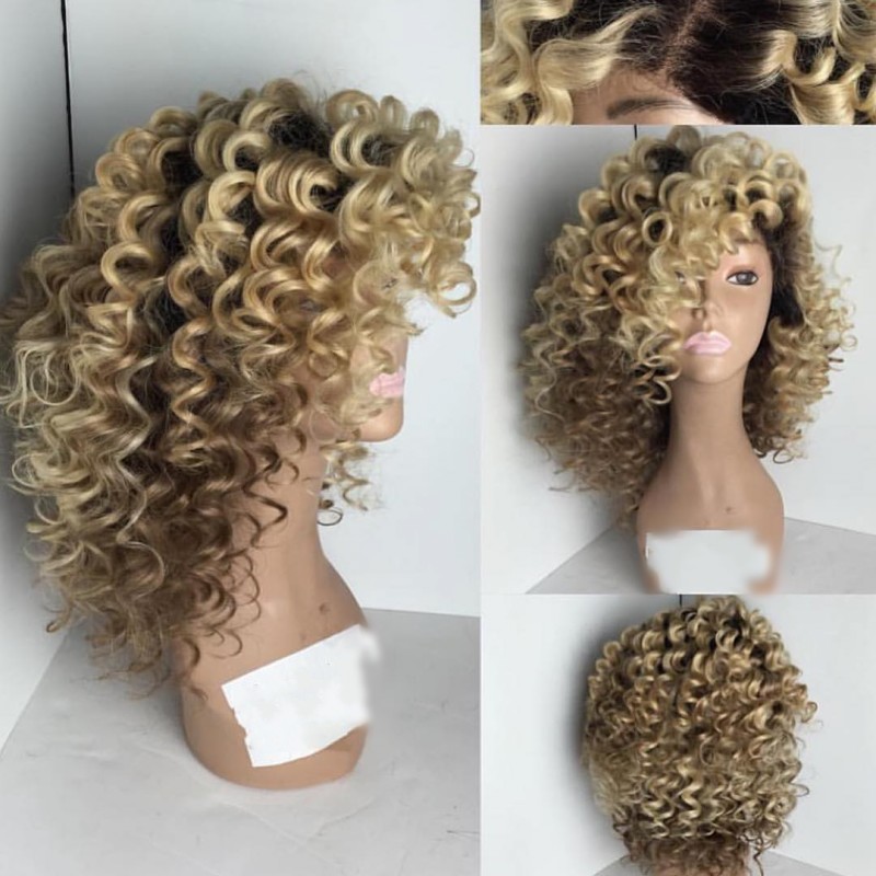 Hotselling short afro curly Lace Front Wig Synthetic hair for Black Women Braids Kanekalon Ombre Dark Root blonde lace front Wigs